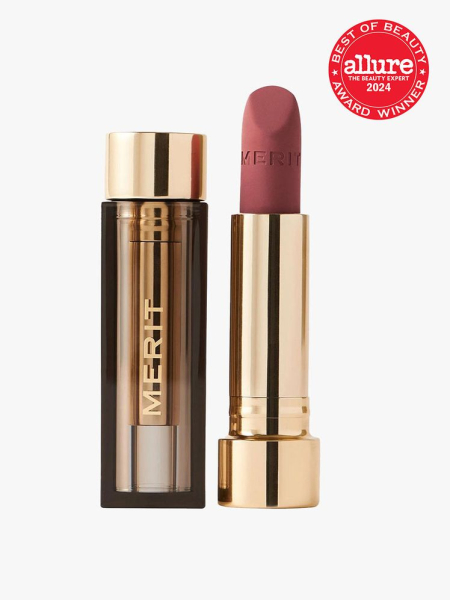 Merit Signature Lip with red 2024 Allure Best of Beauty seal on light gray background