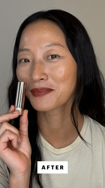 Allure's tester after applying the Anastasia Beverly Hills Satin Lipstick